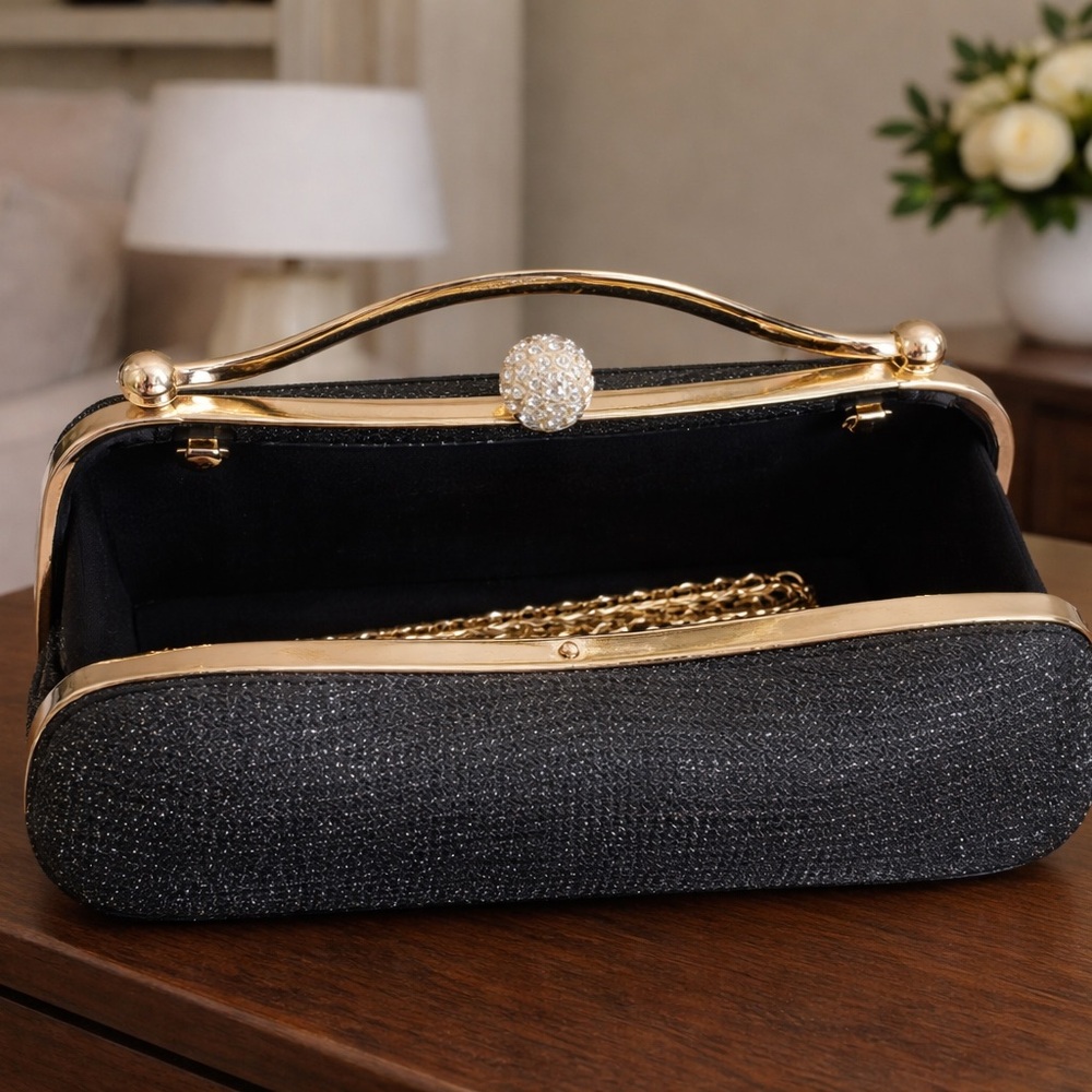 Black Evening Clutch with Gold Frame and Crystal Accent - Picture 2 of 3